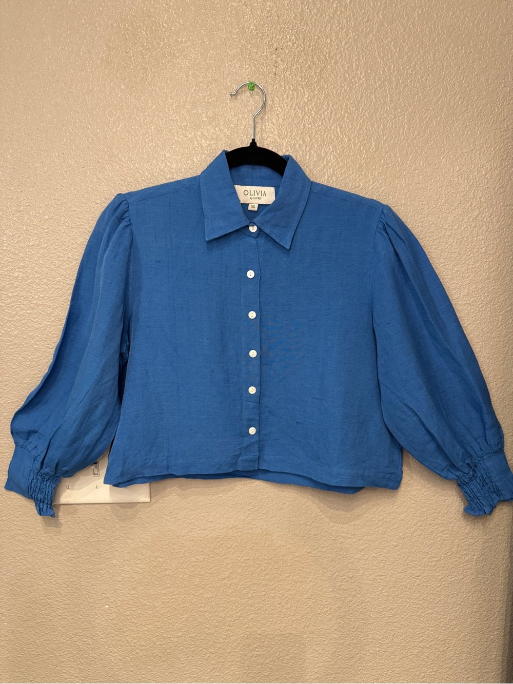 Olivia by LIVRO Mabel Shirt Blue Linen Blend Puff Sleeve Crop Top NWT XS Coastal